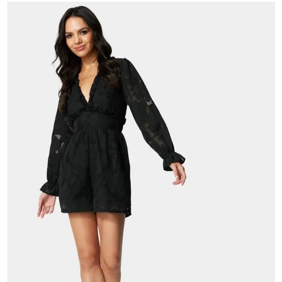 NEVER WORN! ALL Black Dressy Bebe Open Back Floral Ruffle Rompe - Picture 13 of 14